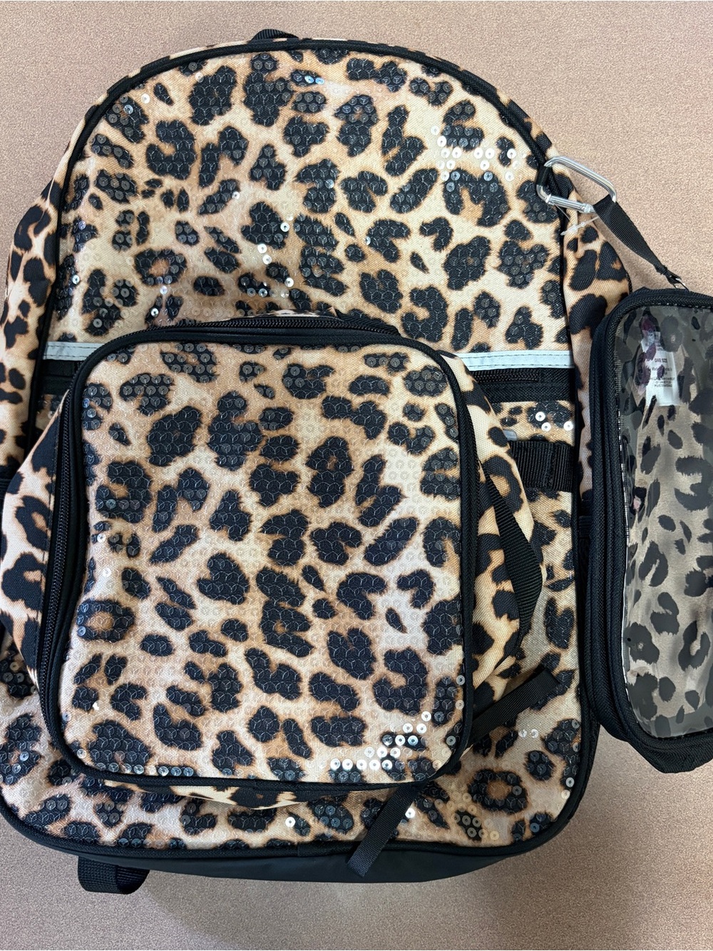 Leopard Sequin Backpack in Black and Tan